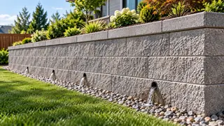 Concrete block retaining wall with weep holes draining water onto a gravel bed in a landscaped yard